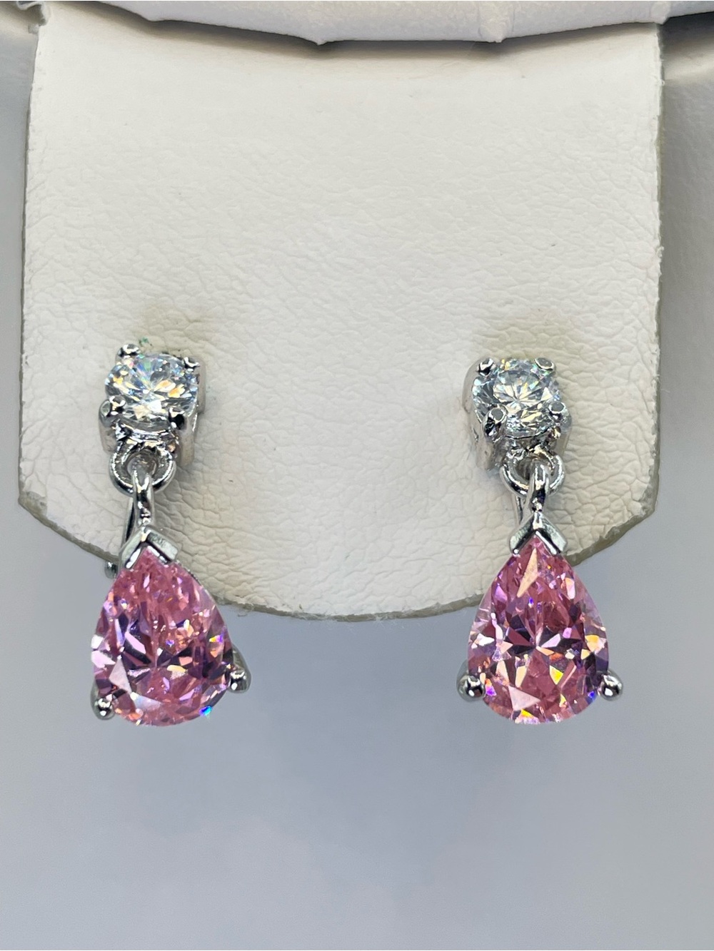 FAS Pink CZ Teardrop Dangle Clip On Earrings Silver Tone Bridal